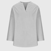 Auriane Bellsworth | Flowy Light Blue Linen V-Neck Shirt