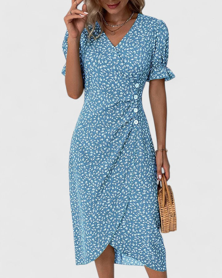 Florianne Duvernois | Green Ditsy Floral Midi Dress with Button Detail