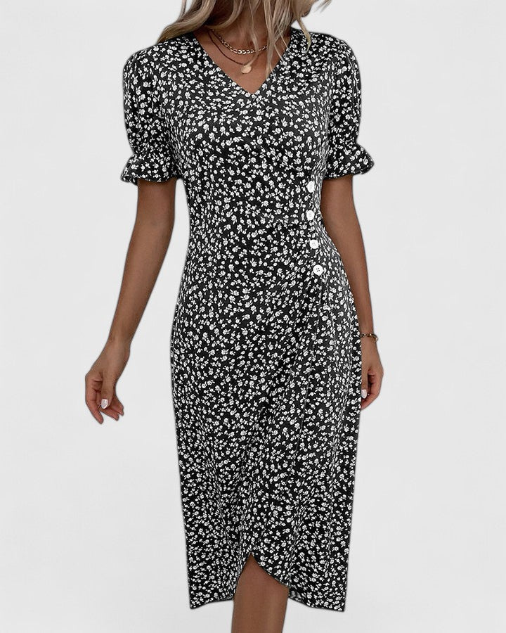 Florianne Duvernois | Green Ditsy Floral Midi Dress with Button Detail