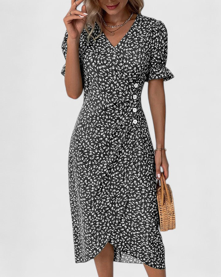 Florianne Duvernois | Green Ditsy Floral Midi Dress with Button Detail
