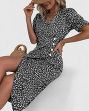 Florianne Duvernois | Green Ditsy Floral Midi Dress with Button Detail