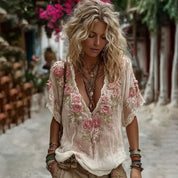 Adriana Bellini | Floral Embroidered V-Neck Blouse For Women