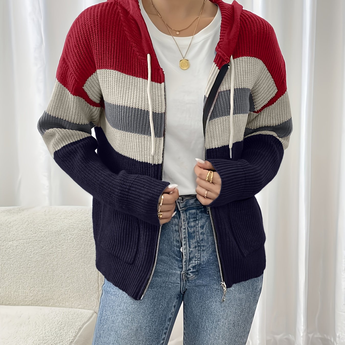 Harriet Devon | Colour-Block Zip Hoodie With Ribbed Knit For Women