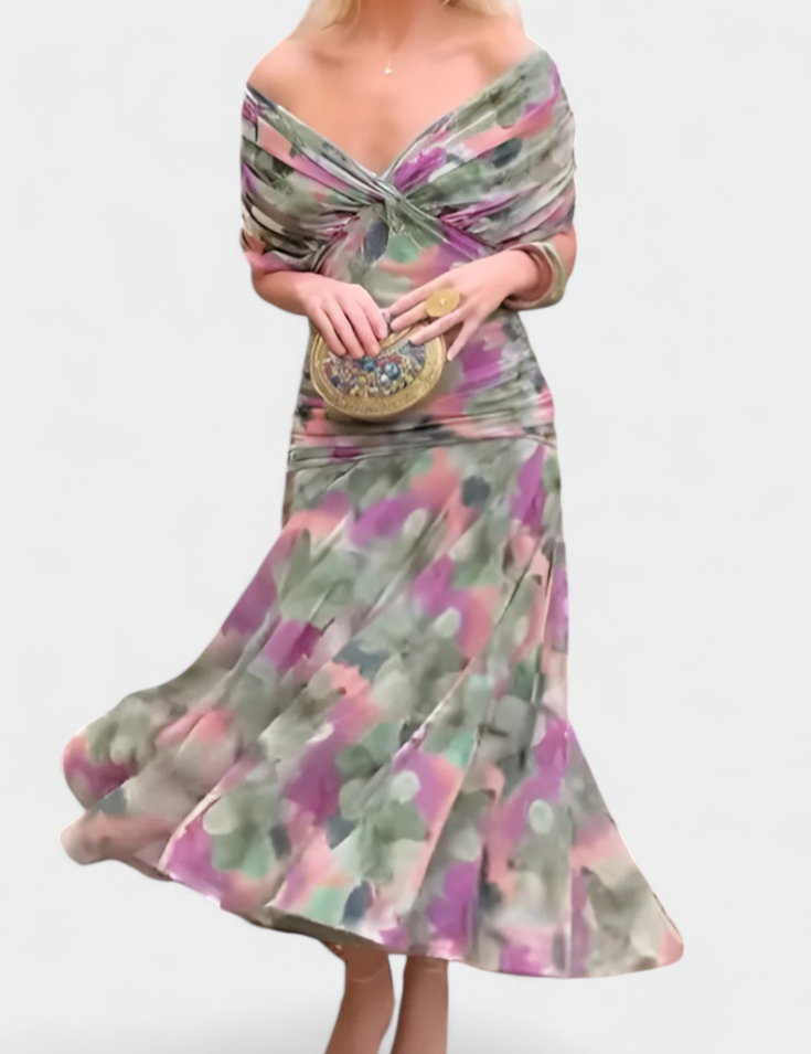 Seraphina Dunvale | Brown Off-Shoulder Ruched Maxi Dress
