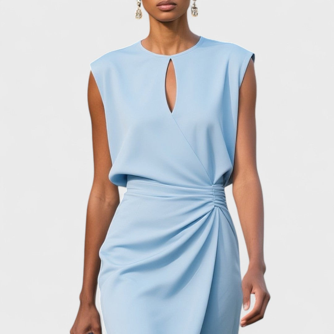 Elaine Duvoisin | Light Blue Sleeveless Ruched Midi Dress