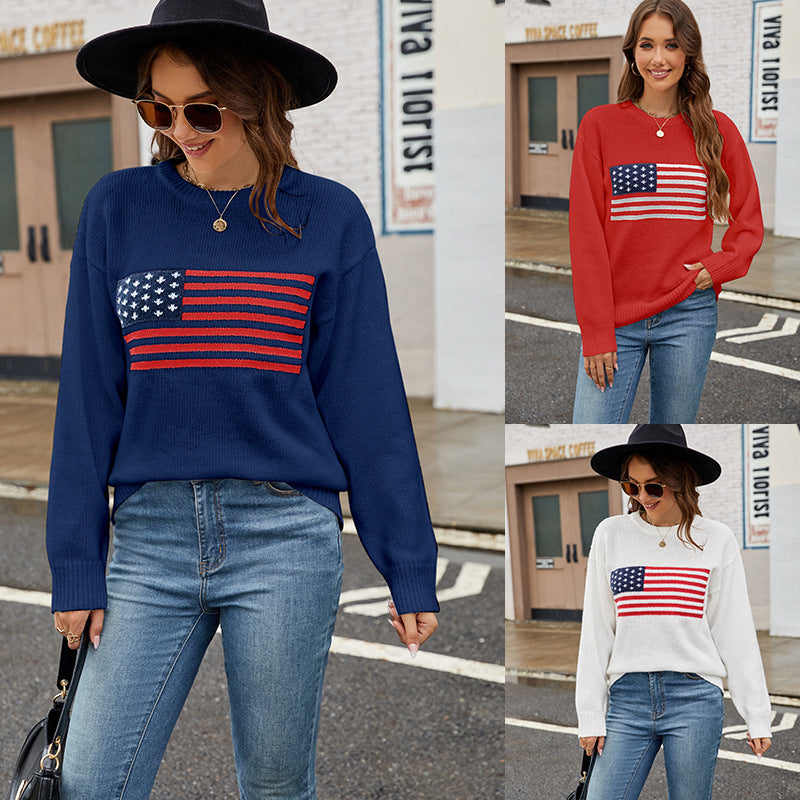 Pauline Courtland | Navy Crew Neck Flag Veterans Day Sweater For Women