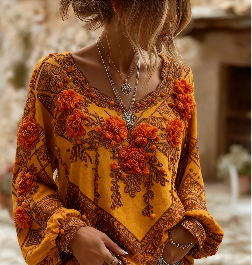 Ines Delacourt | Floral Embroidered Boho Blouse For Women