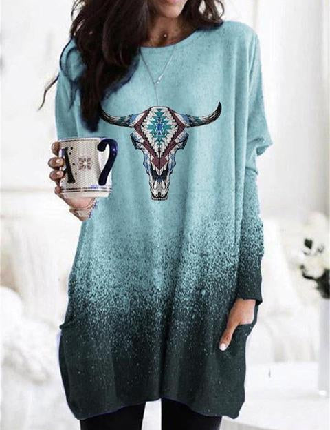 Nathalie Beauregard | Cat Print Long Sleeve Tunic Top For Women
