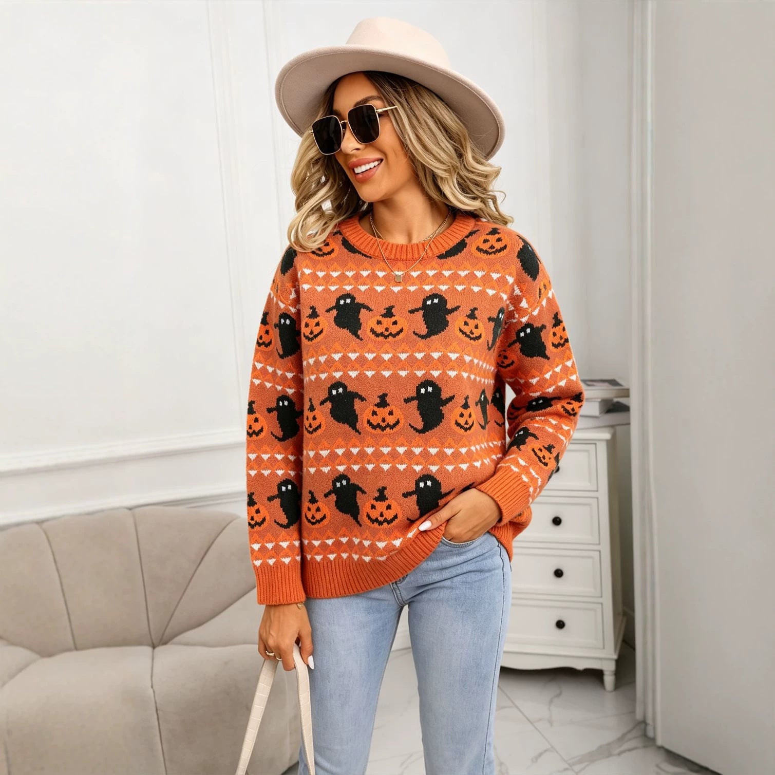 Margaux Sinclair | Halloween Ghost Print Crew-Neck Sweater For Women