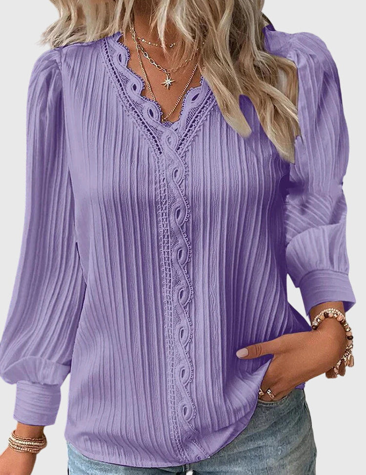 Céleste Fontaine | Yellow Lace Trim V-Neck Pullover Blouse