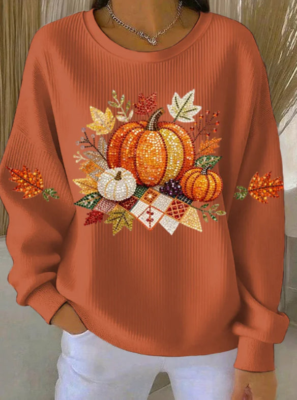 Eleonora Whitfield | Halloween Pumpkin Rhinestone Ribbed Sweatshirt For Women