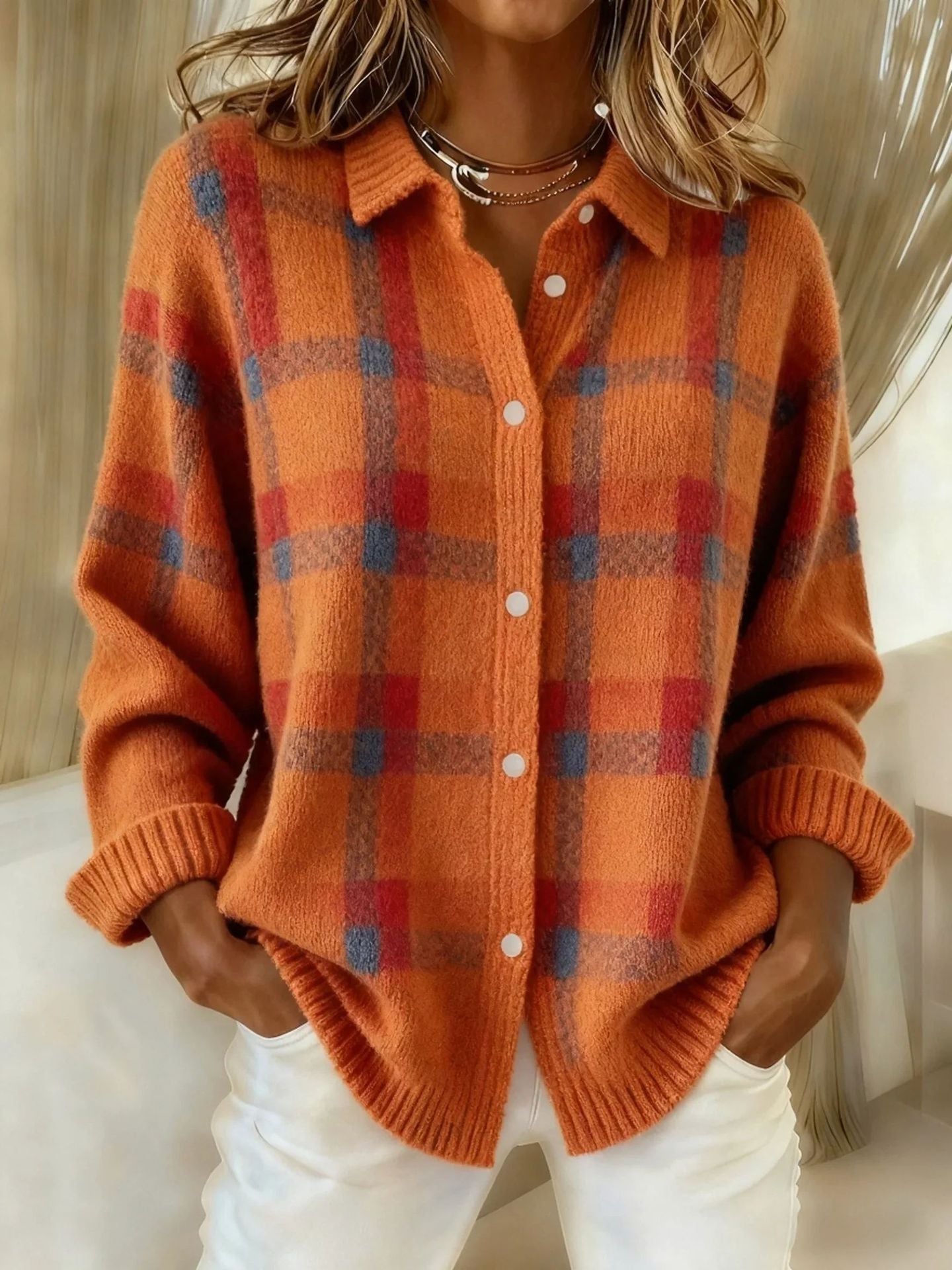 Helena Stirling | Plaid Knit Button-Up Sweater For Women