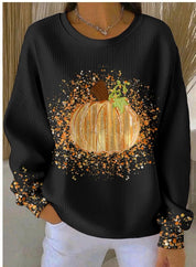 Odile Rousset | Halloween Pumpkin Print Crew Neck Sweater For Women