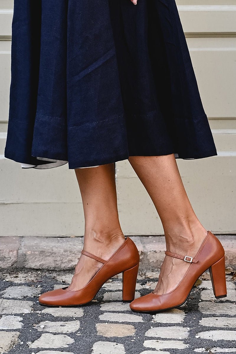 Rosalind Beauchamp | Mary Jane Block Heel Pump in Tan Leather