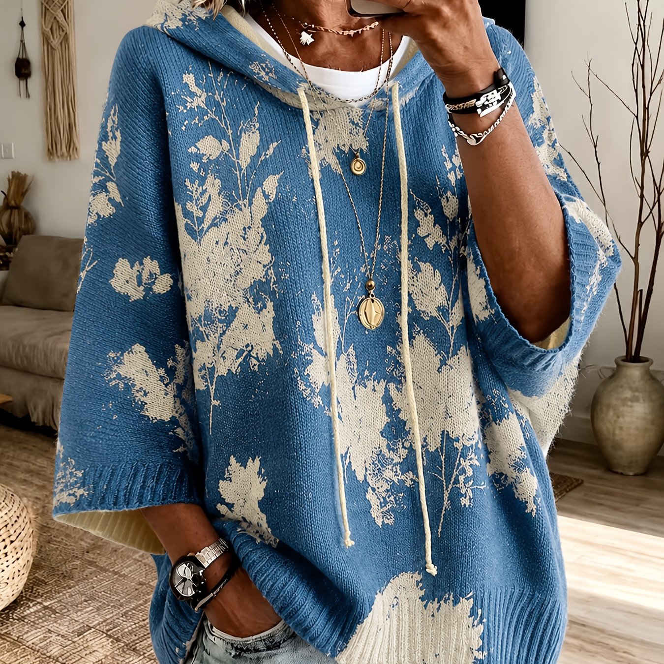 Isadora Beaulieu | Floral Hooded Cape Sweater For Women