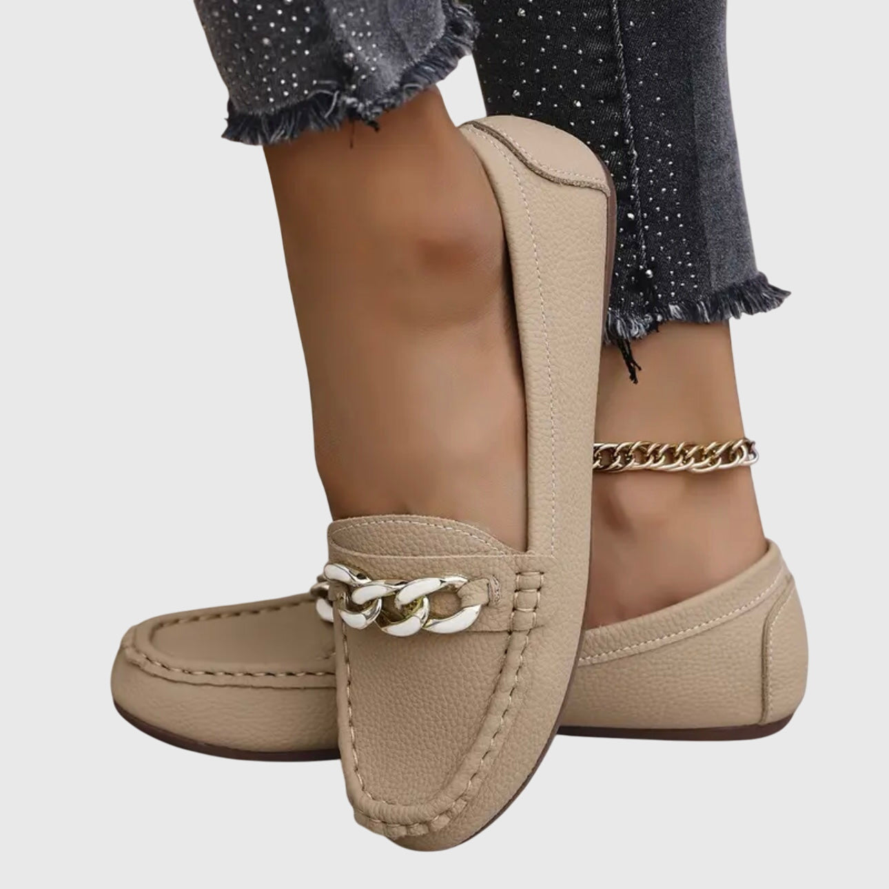 Camille Beaudreau | White Flat Loafers with Gold Chain Detail