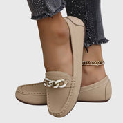 Camille Beaudreau | White Flat Loafers with Gold Chain Detail