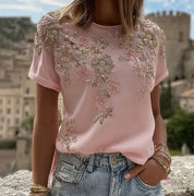 Adriana Castellano | Embroidered Floral Round Neck Top For Women