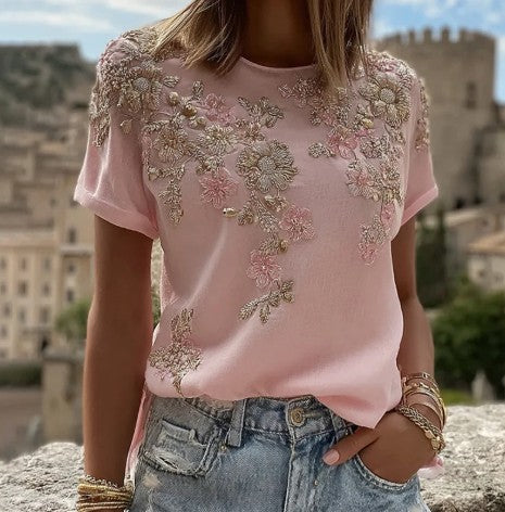 Adriana Castellano | Embroidered Floral Round Neck Top For Women