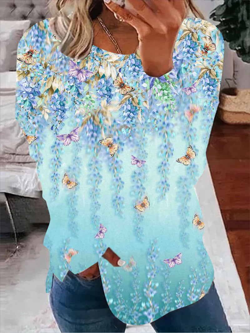 Delphine Ashcombe | Butterfly Floral Print Long Sleeve Sweater For Women
