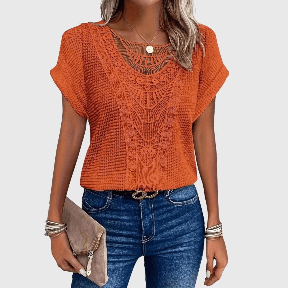 Clarisse Montveil | Cream Lace Detail Waffle Knit Blouse