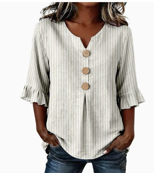 Delia Winsborough | Striped Button-Front Blouse With Ruffle Sleeves For Women
