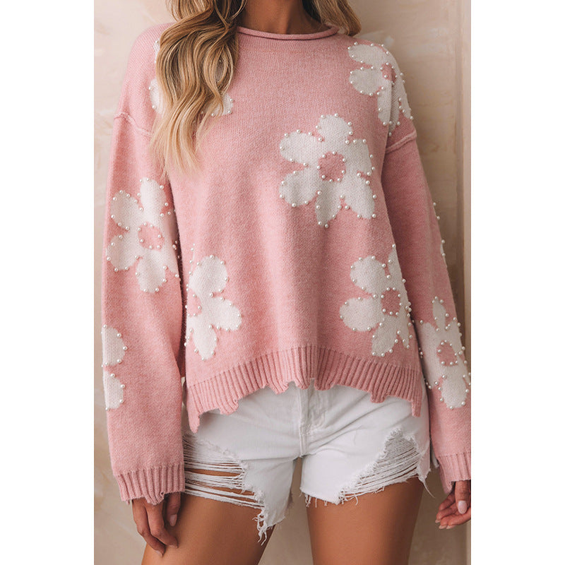 Roxane Delfino | Floral Pearl-Embellished Knit Sweater For Women