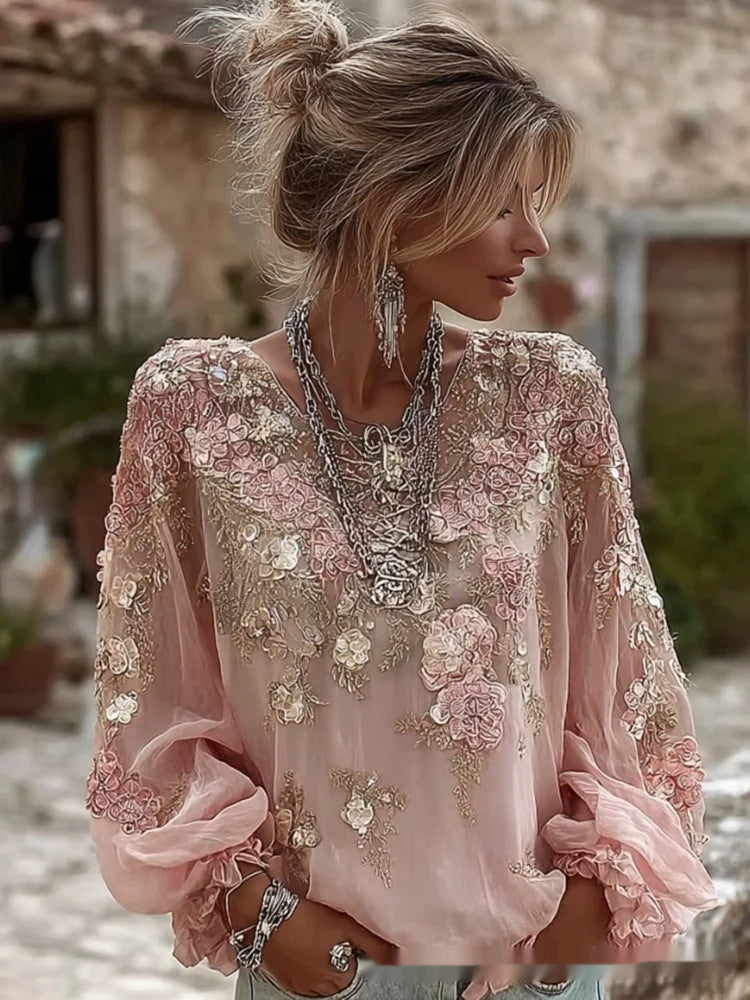 Aurora Delvigne | Rose-Embroidered Bohemian Blouse For Women