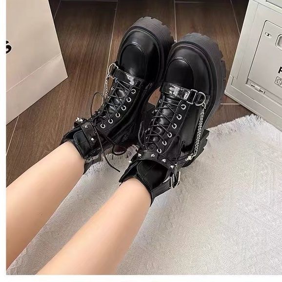 Trudy Aldmore | Black Chain Buckle Platform Boots For Women