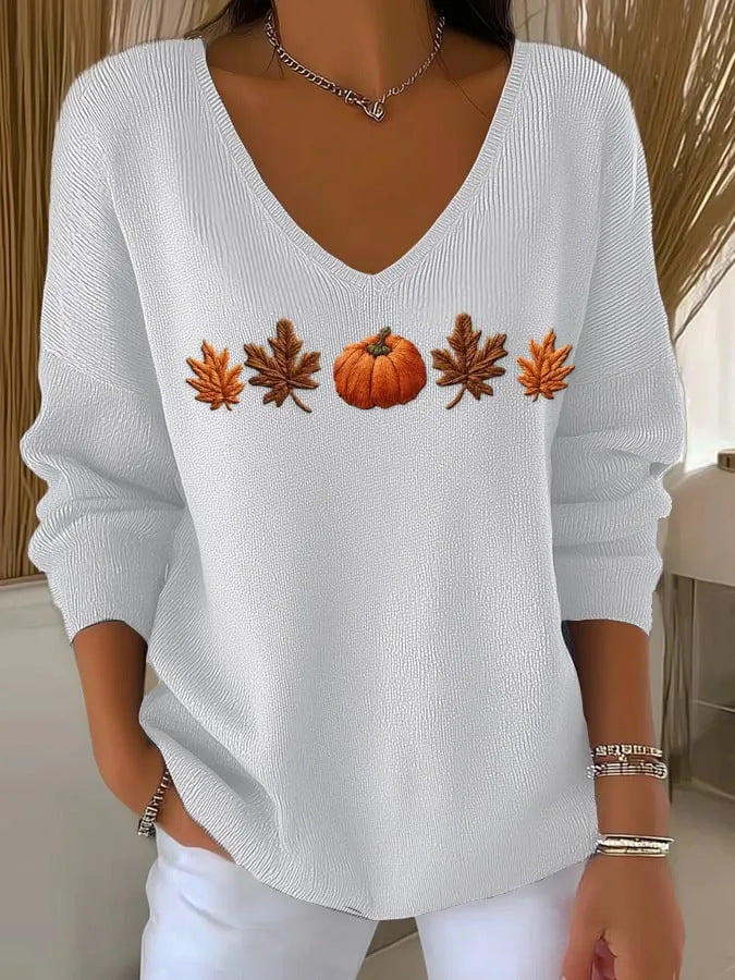 Renata Castellane | Halloween Pumpkin Embroidered V-Neck Sweater For Women