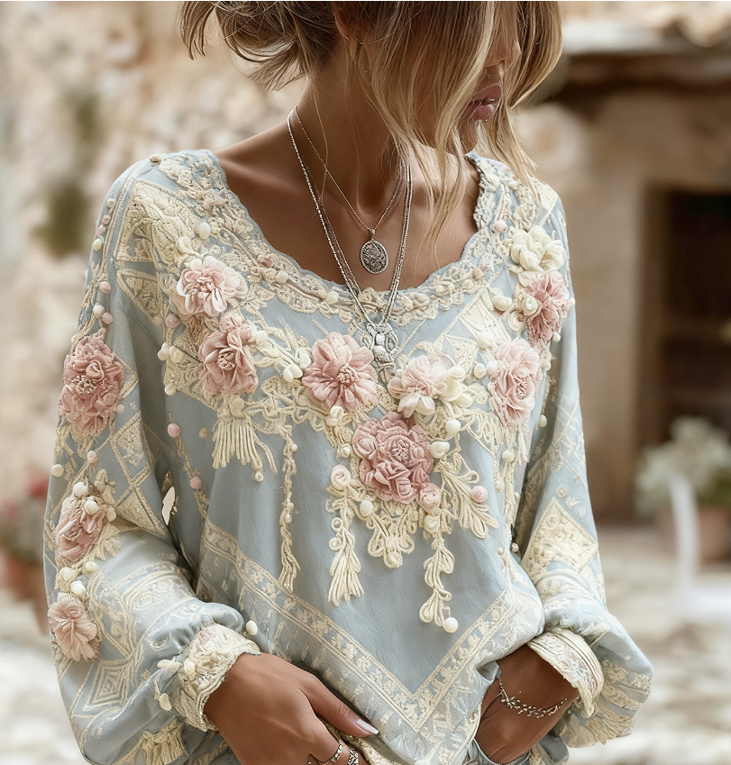 Ines Delacourt | Floral Embroidered Boho Blouse For Women