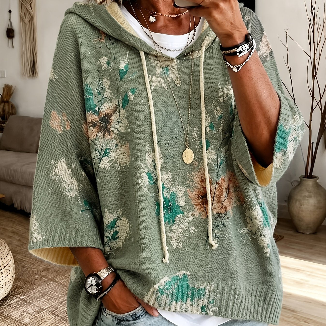 Isadora Beaulieu | Floral Hooded Cape Sweater For Women