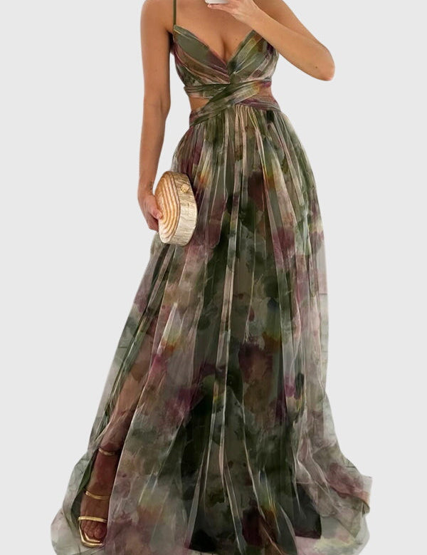Elowen Faircourt | Floral Print Maxi Dress with Crisscross Straps