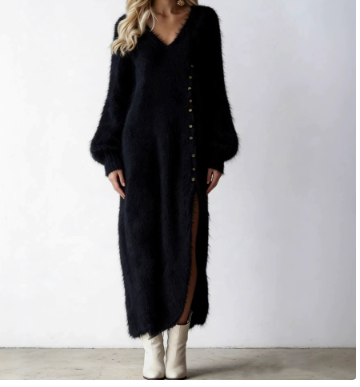 Isabeau Callister | Fluffy Knit Button Maxi Dress For Women