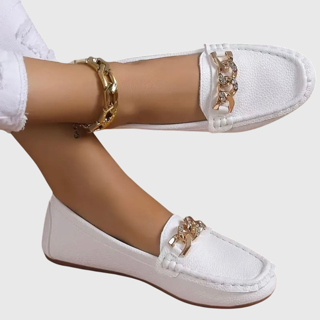 Camille Beaudreau | White Flat Loafers with Gold Chain Detail
