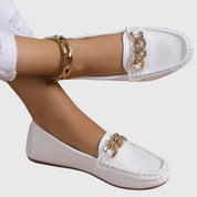 Camille Beaudreau | White Flat Loafers with Gold Chain Detail