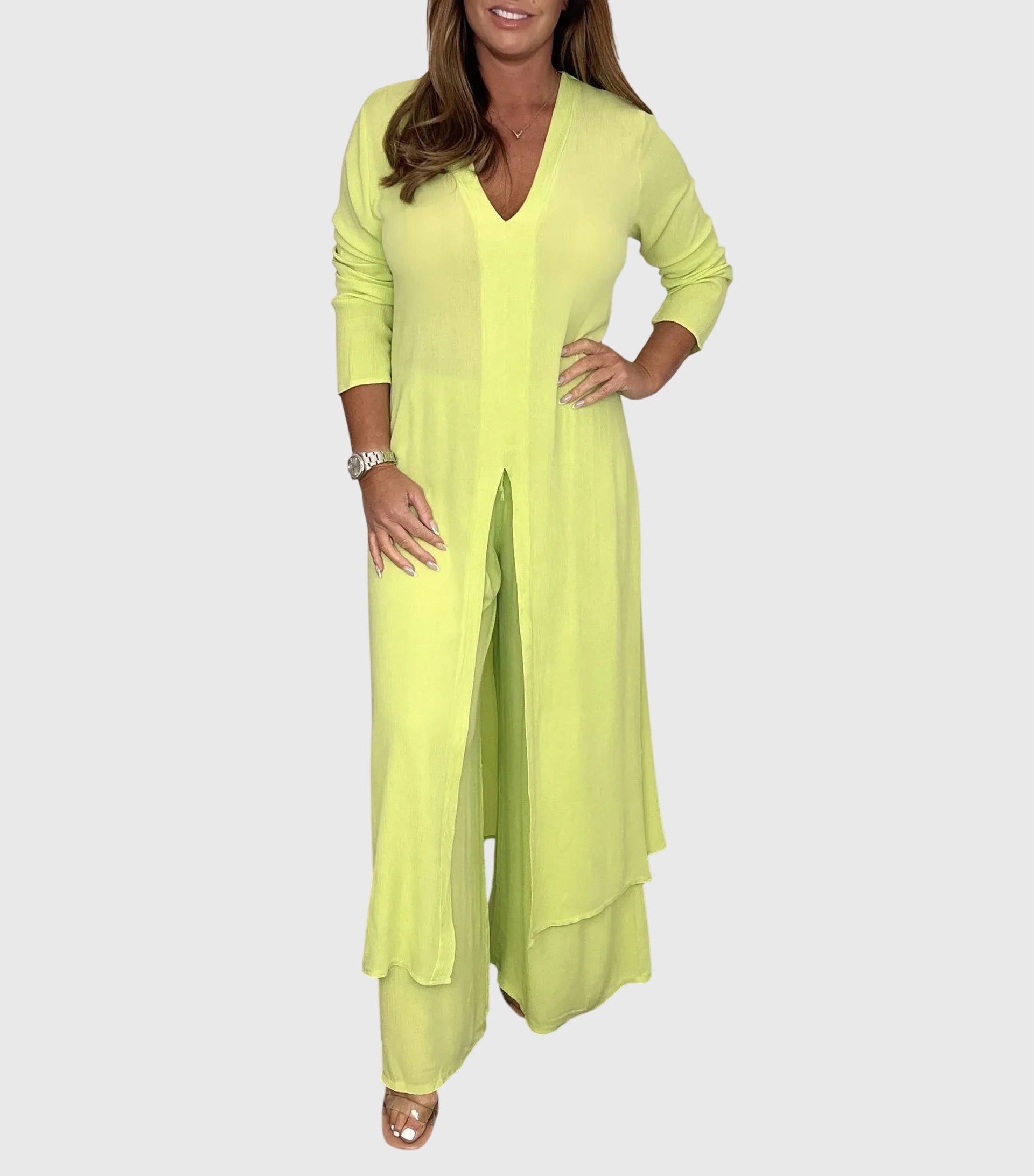Aurienne Blackvale | Sage Green Long Blouse & Wide-Leg Pants Set