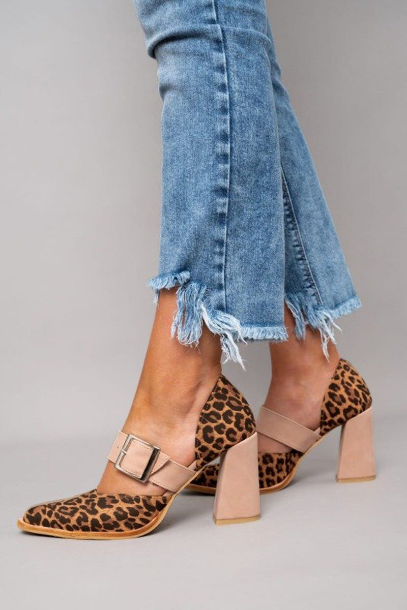 Leonora Favreau | Leopard Print Block Heel Sandals with Buckle Strap
