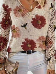 Rosalinde Fonteclair | Floral Knit V-Neck Sweater with Lace Sleeves