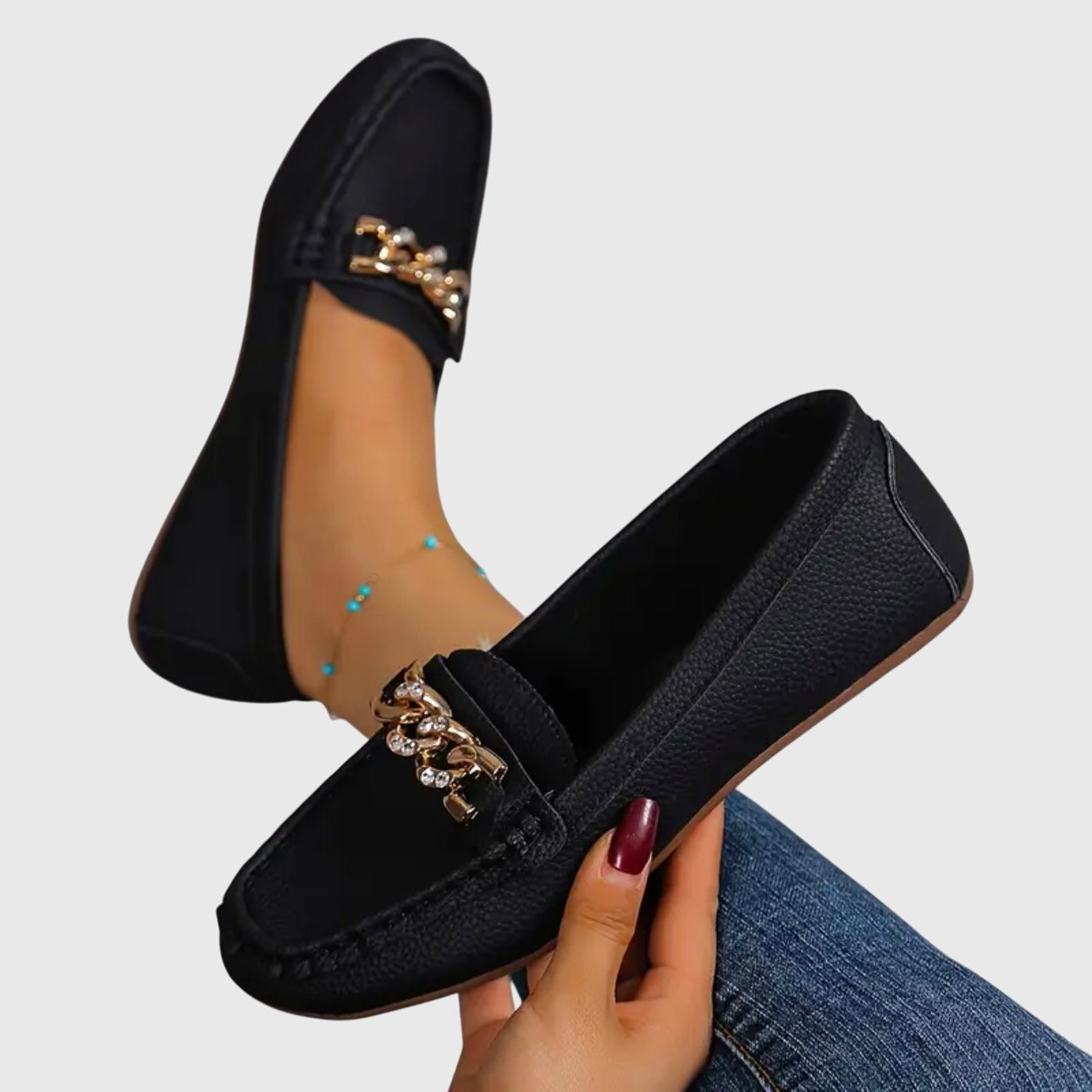 Camille Beaudreau | White Flat Loafers with Gold Chain Detail