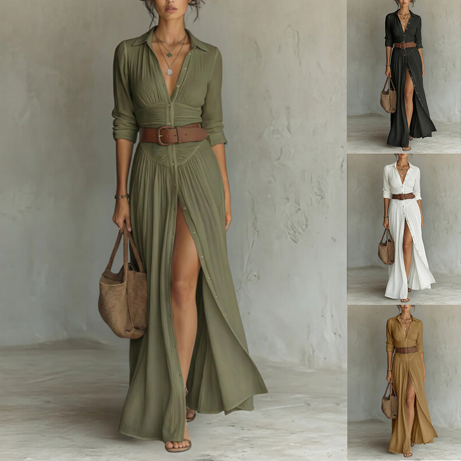 Elaine Trentwood | Button-Down V-Neck Maxi Dress For Women