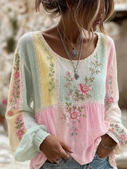 Colette Rimbaud | Retro Bohemian Floral Linen Blouse For Women