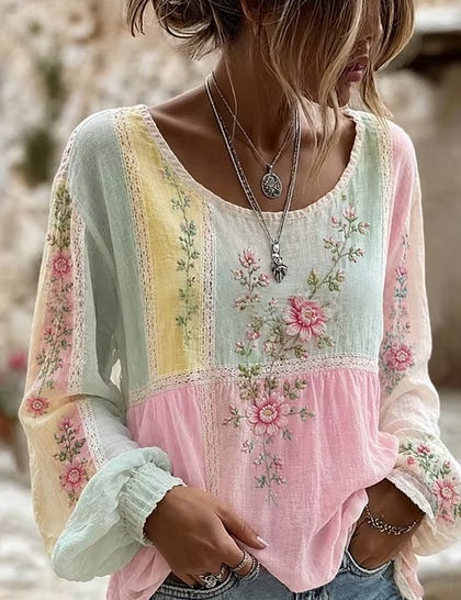 Colette Rimbaud | Retro Bohemian Floral Linen Blouse For Women