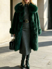 Tierney Malmore | Dark Green Wide Lapel Faux Fur Coat For Women