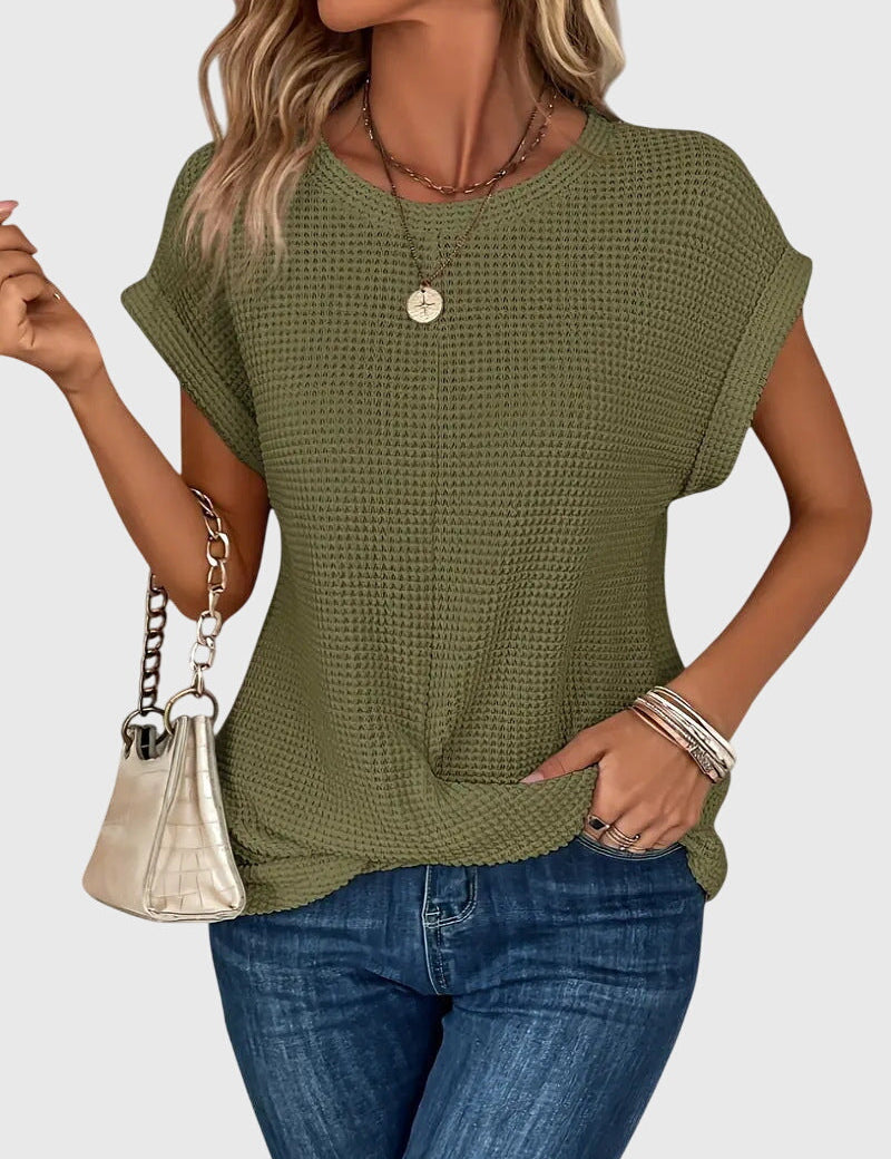 Thalia Wentmore | Rust Orange Waffle Knit Crew Neck Blouse