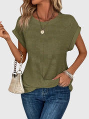 Thalia Wentmore | Rust Orange Waffle Knit Crew Neck Blouse