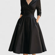 Genevra Elsinore | Navy Blue A-Line Midi Dress with 3/4 Sleeves