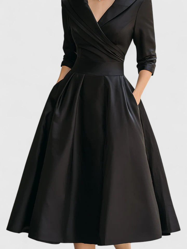 Nicolette Valmonde | Black A-Line Midi Dress with 3/4 Sleeves