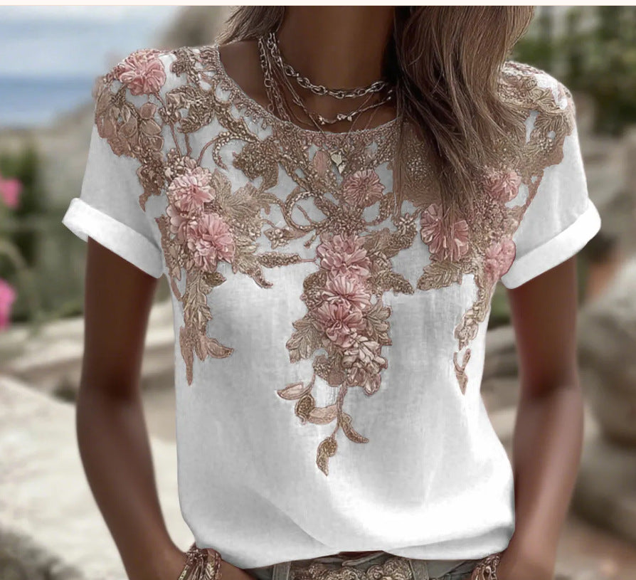 Adriana Castellano | Embroidered Floral Round Neck Top For Women