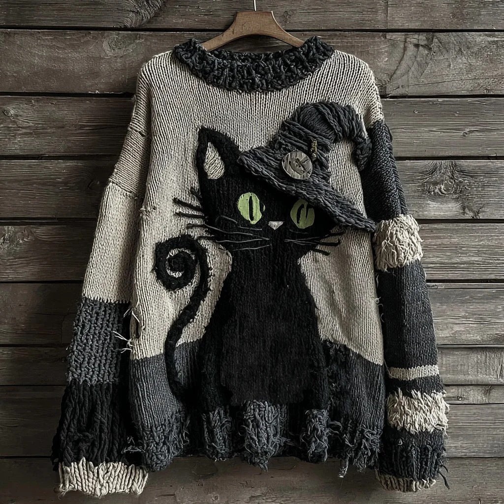 Marceline Duvall | Halloween Cat Print Chunky Knit Sweater For Women